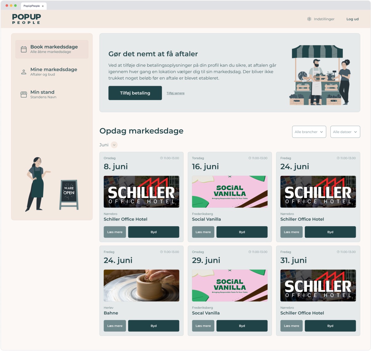 Banner prompting user to add payment information to ensure smooth agreement processing with a "Tilføj betaling" button and an illustration of two vendors.